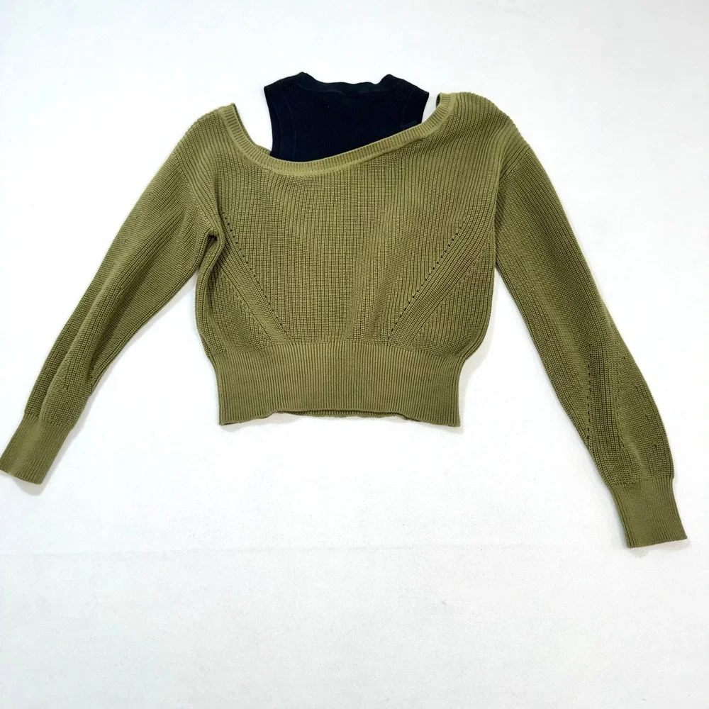 VERONICA BEARD Ribbed Cold‎ Shoulder Sweater Knit Top Olive Green M